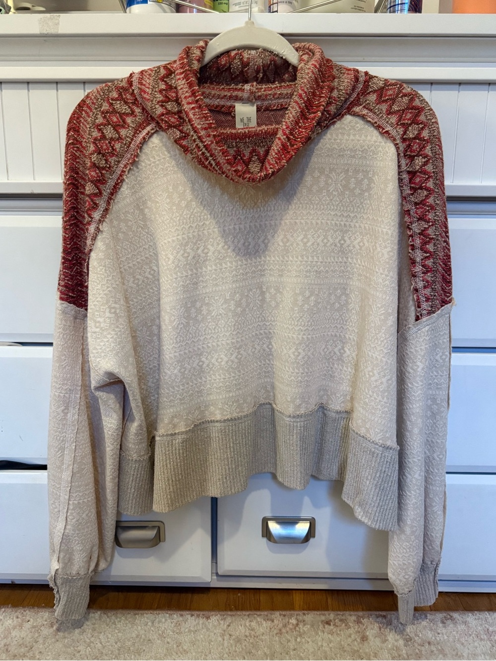 We The Free Cream Cowl Sweater with Red Patterned Shoulders